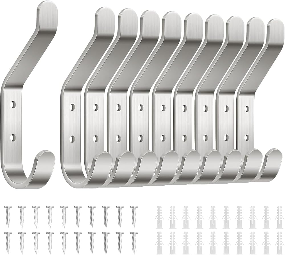 susswiff 10-Pack Wall Hooks 10kg Metal Strong Hook with Screw Brushed Silver
