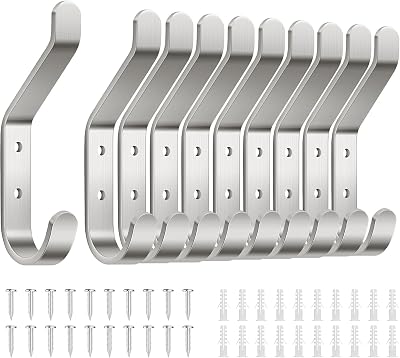 susswiff 10-Pack Wall Hooks 10kg Metal Strong Hook with Screw Brushed Silver