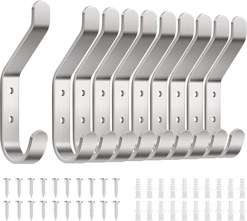 susswiff 10-Pack Wall Hooks 10kg Metal Strong Hook with Screw Brushed Silver
