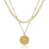 Layered Birth Flower Necklace for Women 18K Gold Plated Double Layered Engraved Custom Floral Pendant Dainty Birth Month Flower Disc Coin Necklaces Personalized Jewelry