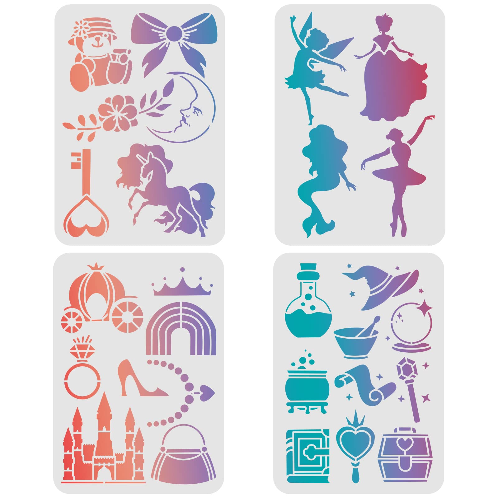 FINGERINSPIRE 4 x Fantasy Stencils Template 29.7 x 21 cm Plastic Unicorns Castles Drawing Painting Stencils Magic Princess Flower Pattern Reusable Stencils for Painting — image 1