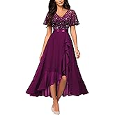 Miusol Women's Classy V-Neck Butterfly Sleeve Sequined Floral Lace Ruffle Split Bridesmaid Party Dress