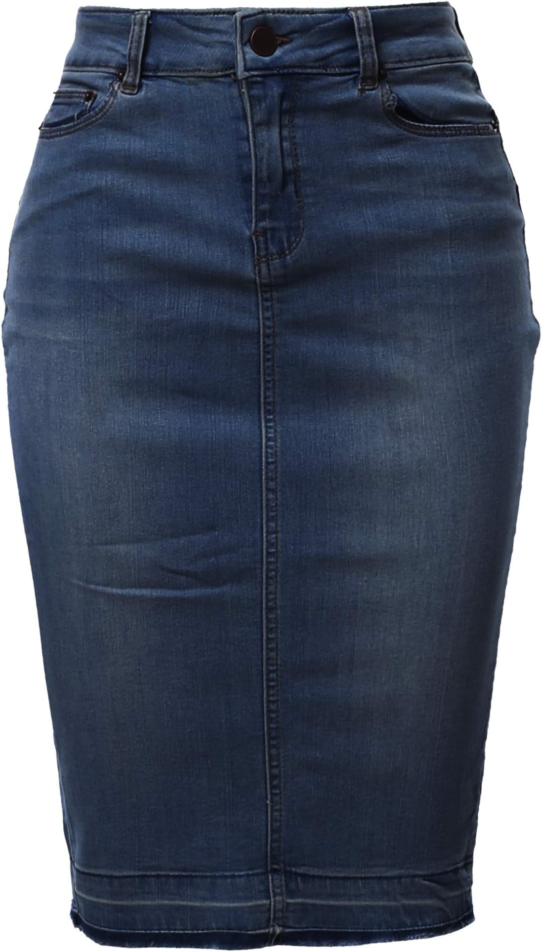 A2YWomen's Slim Fit Rayon Knee Length Unhem Back Slit Denim Jean Pencil Skirt