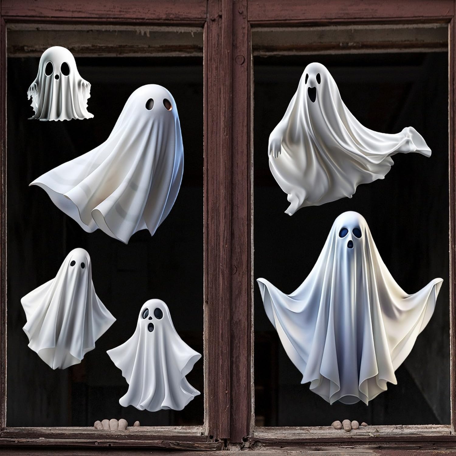 Photo 1 of 1 Sheet Halloween Ghost Window Clings for Glass Windows Cute White Little Ghost Double Sided Window Stickers Halloween Window Clings for School Home Office Decoration Party Supplies