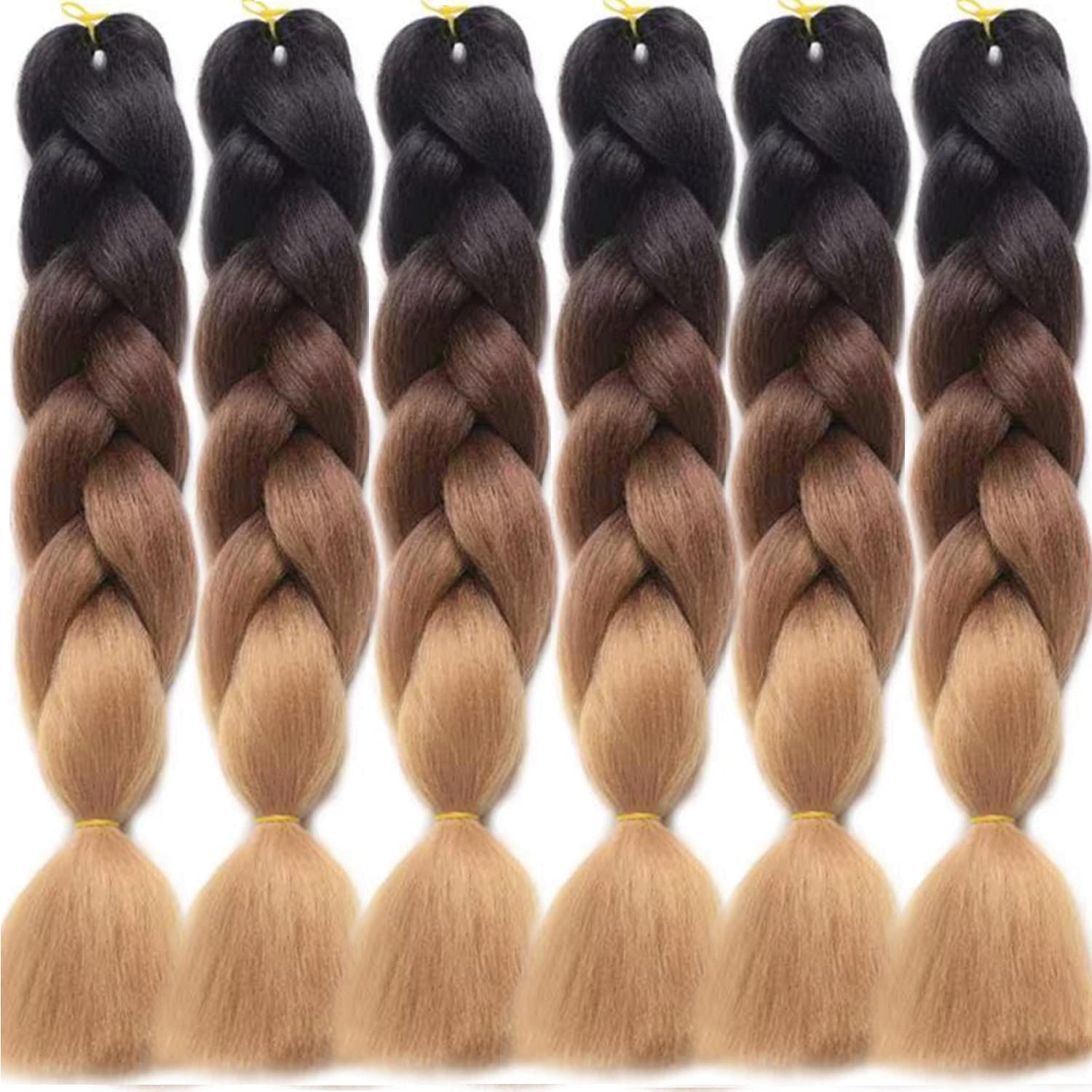 LDMY Braid Extensions, Long 6pcs/pack Hair Extensions for Braiding 24inch 3 Tone Ombre Brown Braiding Hair Kit Synthetic Kanekalon Coloured Hair for Braiding 100g/bundle