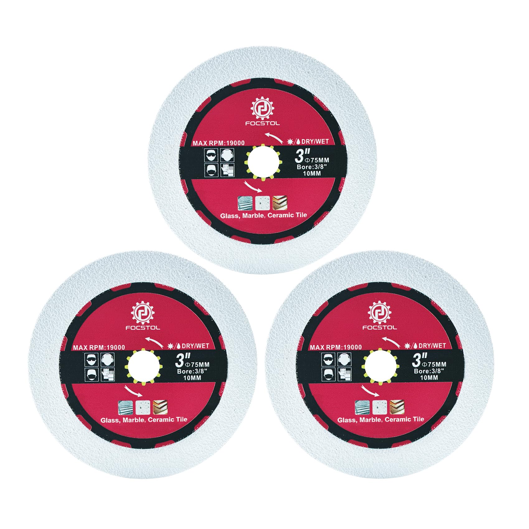 FOCSTOL Diamond Glass Cutting Disc - 3pcs 75mm Diamond Blade for Glass Ceramic Tile Marble for Mini Angle Grinder with 10mm Arbor