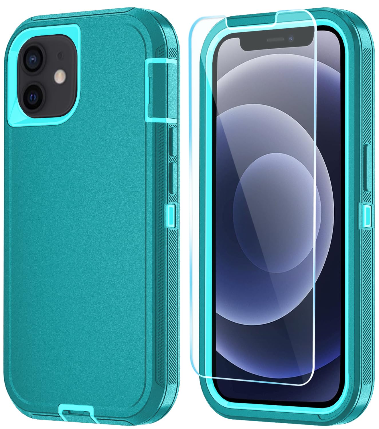 ouyncase Phone Case for iPhone 12/13 Mini with HD Screen Protector, Heavy Duty Shockproof & Dropproof 3-Layer Cover (LakeSkyBlue)