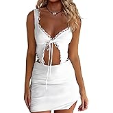 CSDAJIO Women's Lace Trim Open Up Tie Front Crop Tank Top and Bodycon Mini Skirt Sexy 2 Pieces Sets Summer Outfits