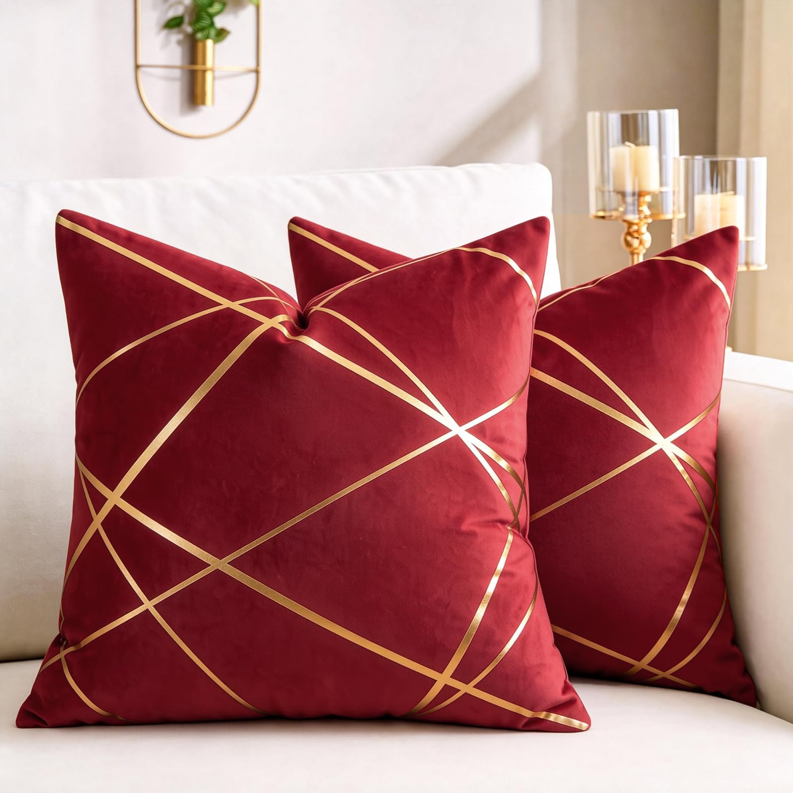 2 Pack Velvet Cushion Covers 40 x 40 CM Gilded Throw Pillow Covers Decorative Velvet Sofa Cushions Gold Lines Geometry Red Square Decorative Soft Spring Summer Home for Sofa Living Room — image 1