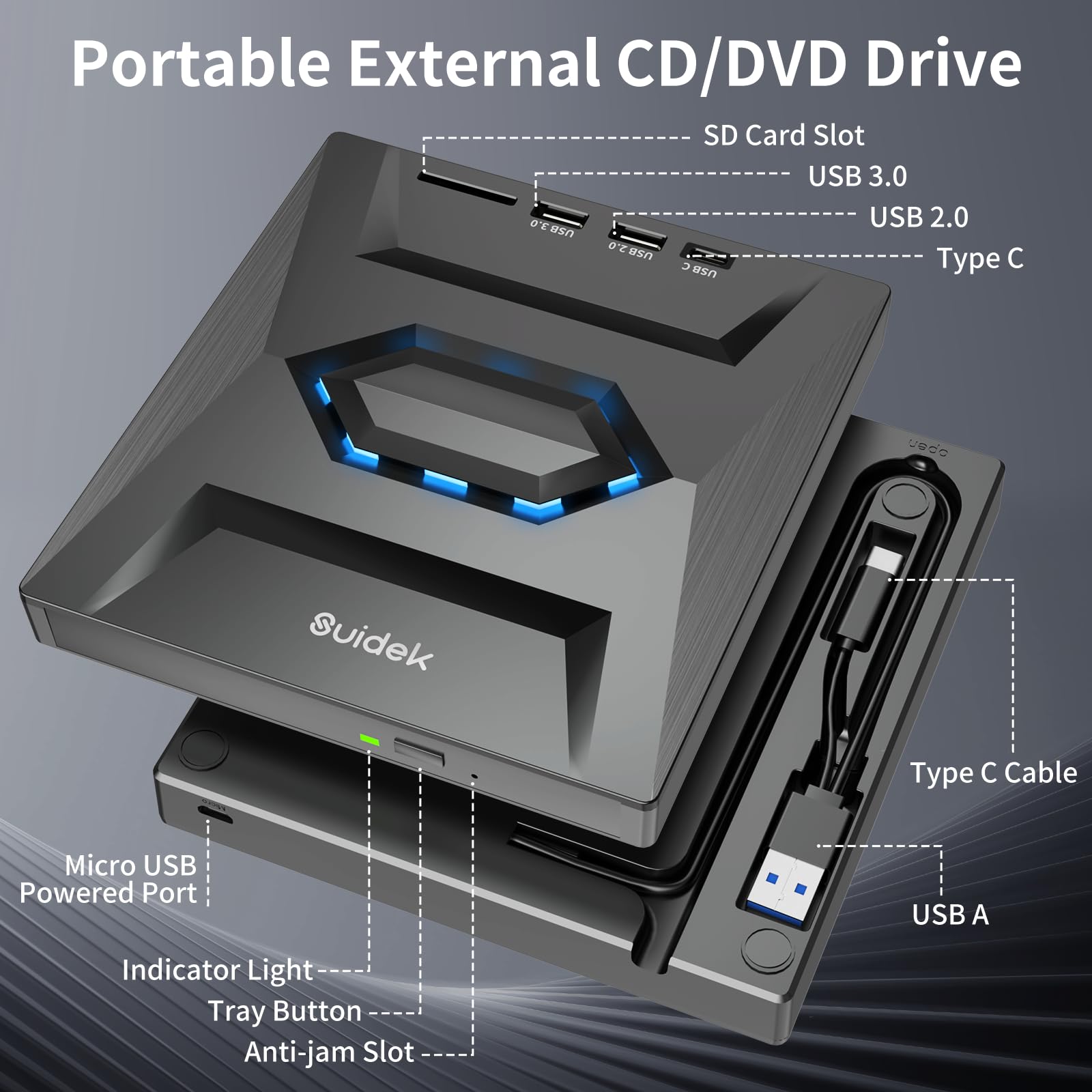 SUIDEK External CD DVD Drive for Laptop, USB C Portable CD/DVD +/-RW Burner DVD Player with SD Card Reader USB 3.0 Type C Hub Compatible with Laptop PC Windows Linux