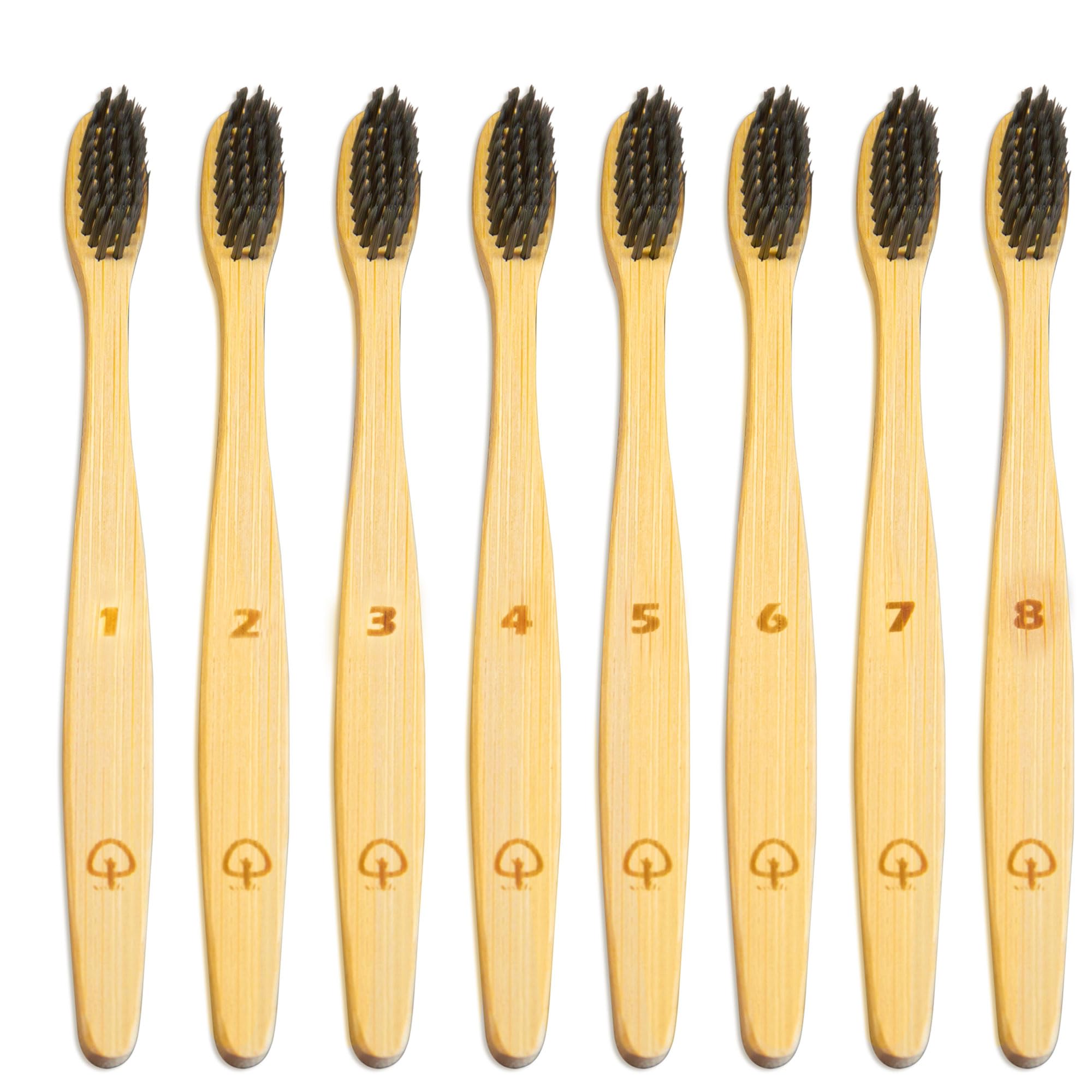 8 Pack Eco-Friendly Charcoal Natural Bamboo Toothbrushes | Biodegradable Soft Bristle Toothbrush | UK Brand ecoMe