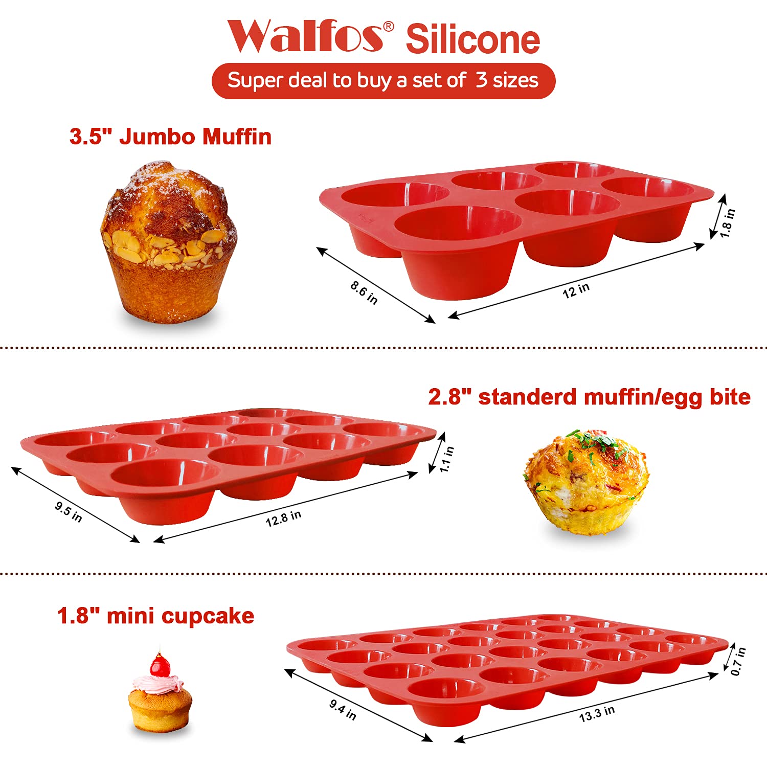 Walfos Silicone Muffin Pan - Cupcake Pans Set of 3, Including 24 Cups Mini Muffin Pans, 12 Cups Regular & 6 Cups Jumbo Muffin Pan, Pop Out Easily - BPA Free & Dishwasher Safe