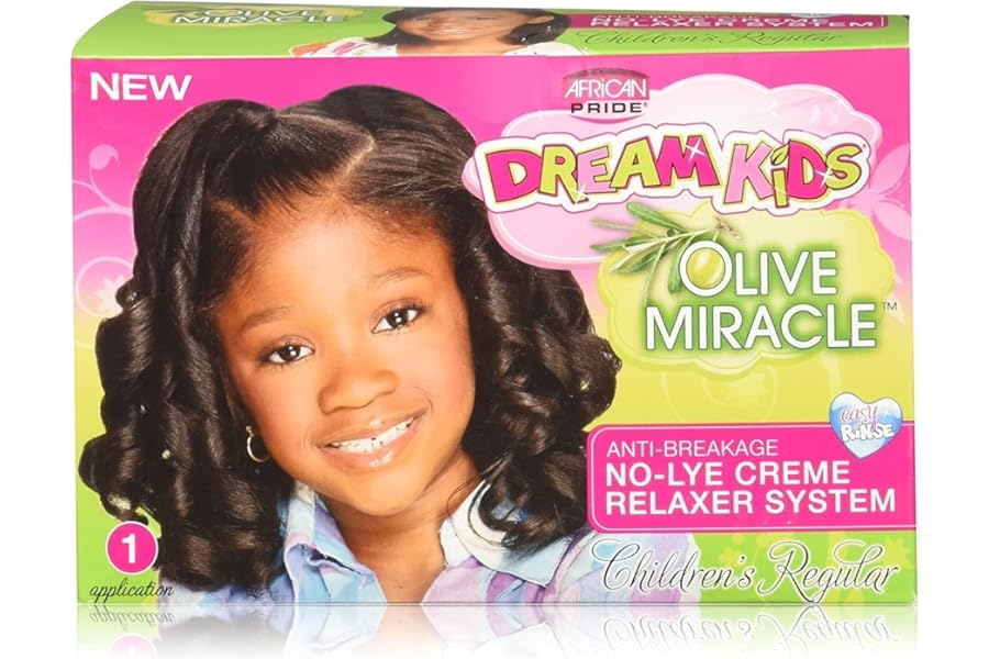 African Pride Dream Kids Olive Miracle Relaxer Regular – Contains Olive Oil, Helps Strengthen & Protect Hair, 1 Kit