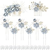 inSowni 20 Pack Classy Dusty Blue Flower Bridal Wedding Hair Side Combs+Floral Hair Pins+Twist Spiral Pearl Hair Pins Clips Pieces Formal Prom Headpieces Accessories for Brides Bridesmaids Women Girls