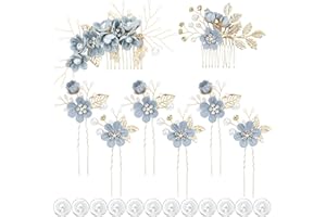 inSowni 20 Pack Classy Dusty Blue Flower Bridal Wedding Hair Side Combs+Floral Hair Pins+Twist Spiral Pearl Hair Pins Clips Pieces Formal Prom Headpieces Accessories for Brides Bridesmaids Women Girls