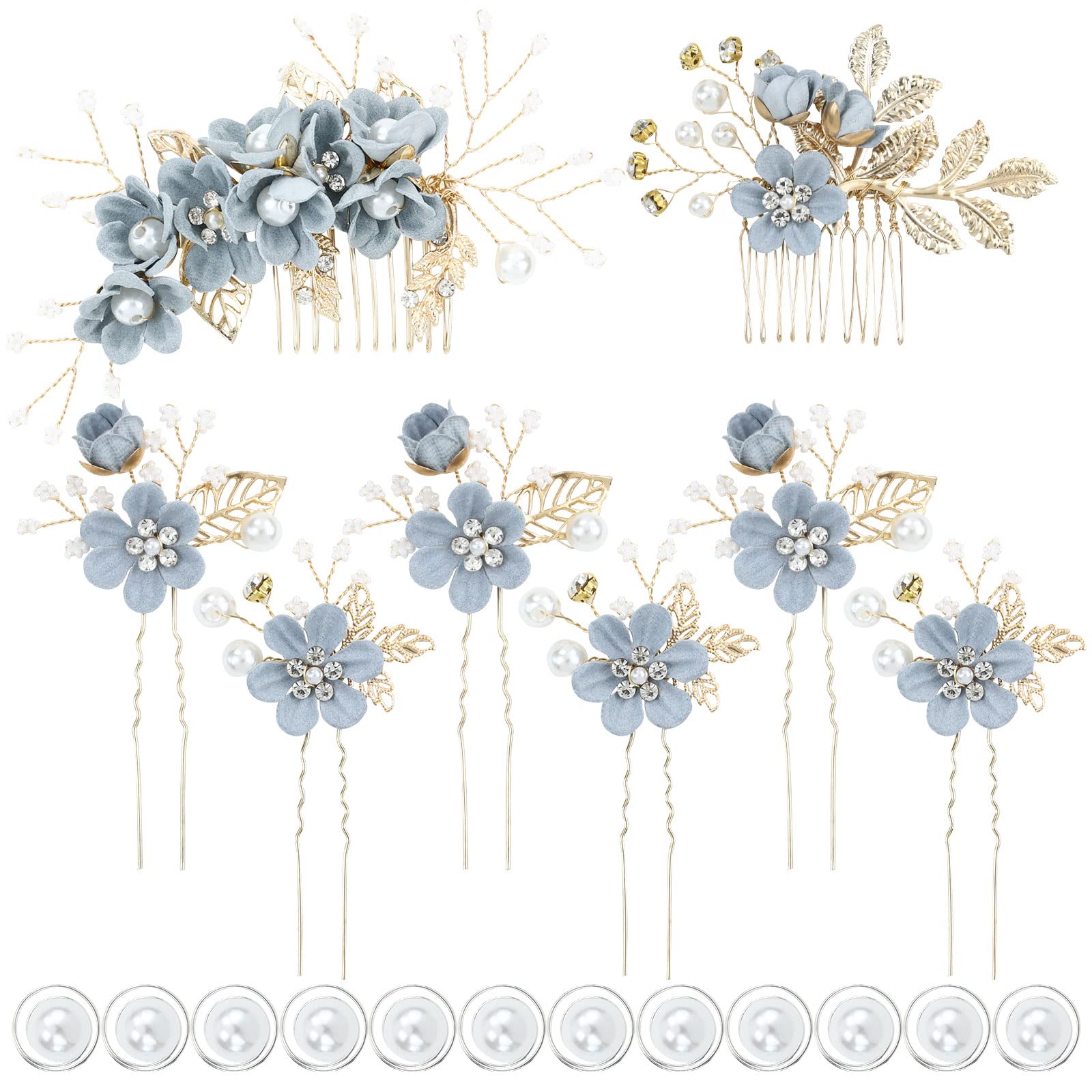 inSowni 20 Pack Classy Dusty Blue Flower Bridal Wedding Hair Side Combs+Floral Hair Pins+Twist Spiral Pearl Hair Pins Clips Pieces Formal Prom Headpieces Accessories for Brides Bridesmaids Women Girls — image 1