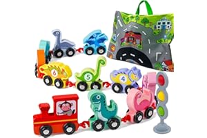 DOLLERGO Dinosaur Toys for Kids 2-4 Gifts, Wooden Educational Dinosaur Train Set for Toddlers Age 3-5 with Playmat/Storage Bag, Montessori Educational Toys for 2+ Years Old Boys & Girls