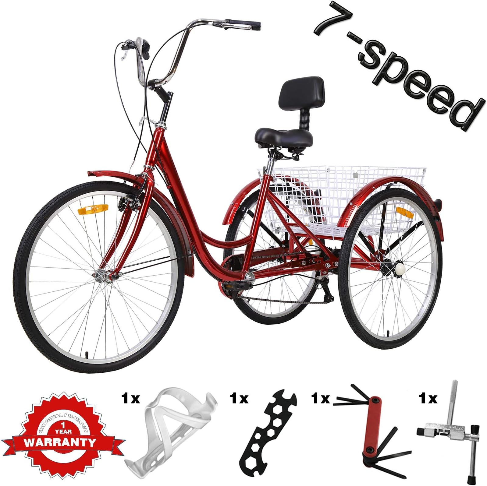 VANELL 7/1 Speed Tricycle Adult 20/24/26 in Trike Cruise Bike 3 Wheeled Bicycle W/Large Size Basket for Women Men Shopping Exercise Recreation (Wine RED, 7 Speed - 24")