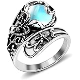 Teppdfann Silver Moonstone Spoon Ring for Women - Adjustable Beach Ring with Floral Carving, June Birthstone Thumb Ring for Gift