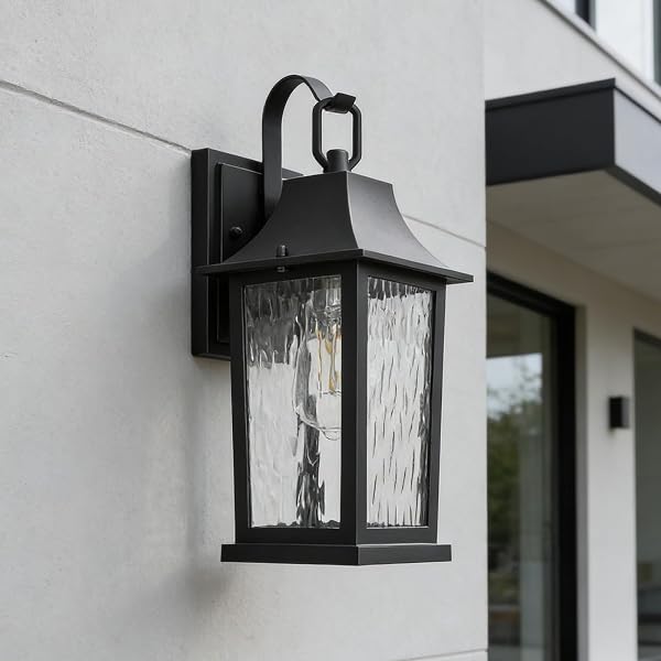 JAFINOU 2-PACK 13” MATTE BLACK OUTDOOR WALL SCONCE, RUSTPROOF ALUMINUM PORCH LIGHT WITH WATER PATTERN GLASS, EXTERIOR LIGHTING FOR PATIO HOUSE GARAGE