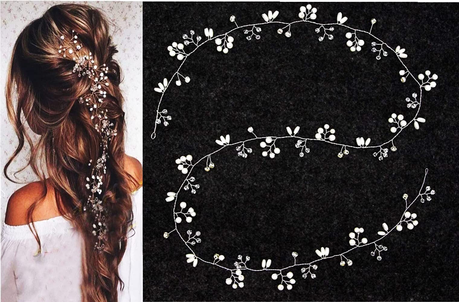 Bridal Hair Vines Crystals Wedding Headpieces,50cm Wedding Hair Accessories Flower Bride Wedding Hair Vine Silver Pearls Rhinestone Hair Accessories Bridal Headband Headpiece for Women and Girls