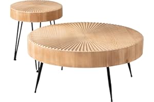 COZAYH 2-Piece Round Nesting Coffee Table Set, Natural Wood Top with Black Metal Legs, Radial Pattern – Rustic Farmhouse Accent for Living Room or Bedroom – Space-Saving Modern Furniture