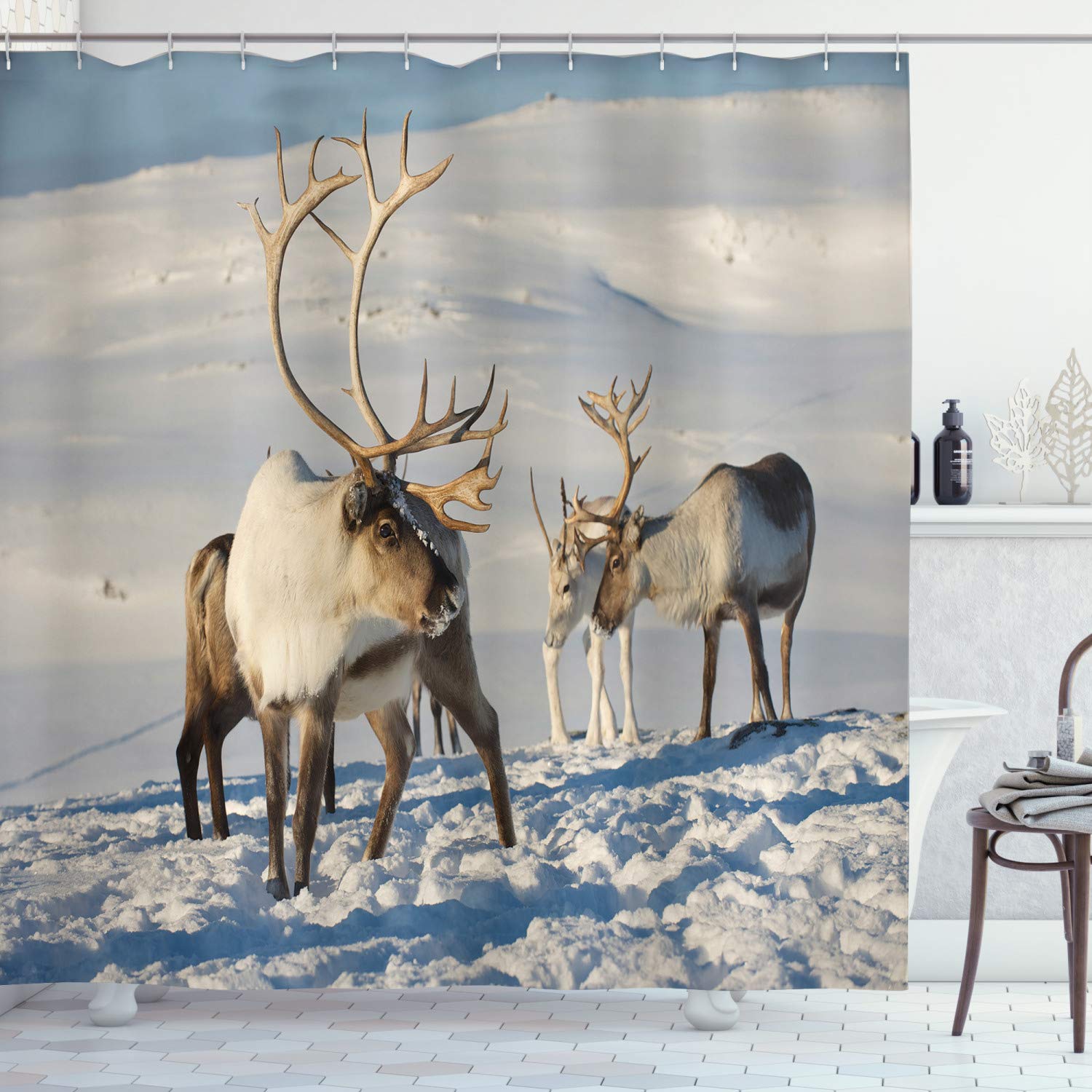 ABAKUHAUS Winter Shower Curtain, Reindeers Natural Environment Tromso Northern Norway Caribou Antler Wildlife, Cloth Fabric Bathroom Decor Set with Hooks, 94 Inches, Brown Ivory Blue