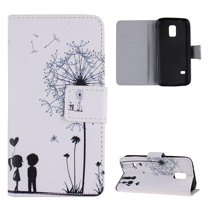 URFEDA® Schutzhülle für Samsung Galaxy S5 Mini Hülle Weiß PU Leder Löwenzahn Liebes-Paar Muster Soft Silikon Handy Tasche Hül