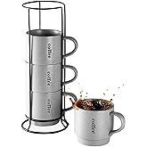 LAUCHUH Stackable Coffee Mug Set with Rack - 15 Ounce Porcelain Coffee Mugs for Tea, Cocoa, Milk, Mug Set of 4 for Father's Day, Grey