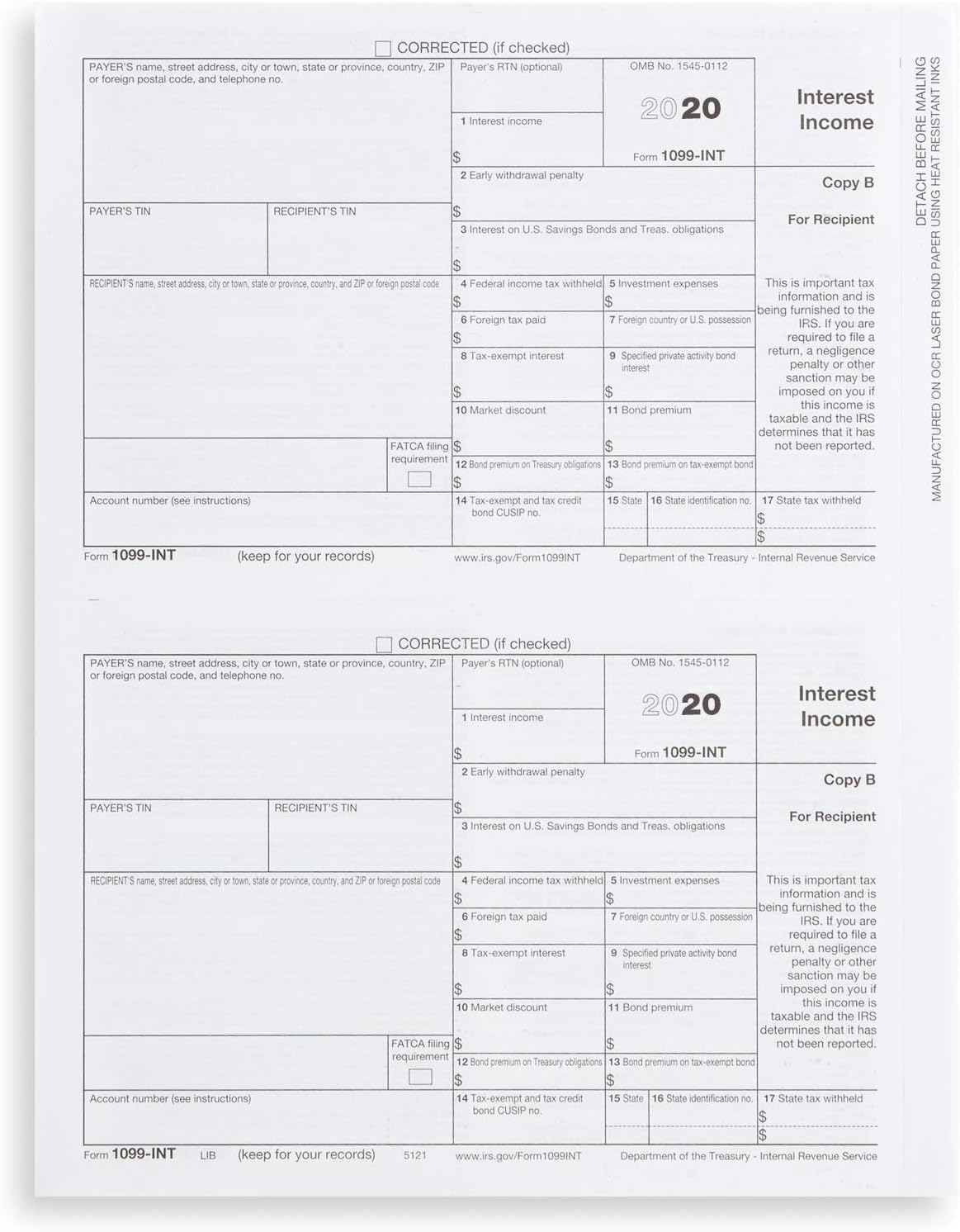 2020 1099 INT 4 Part Interest Tax Forms, 25 Laser Form Sets for Interest Income, Compatible with QuickBooks and Accounting Software, 25 Pack : Office Products
