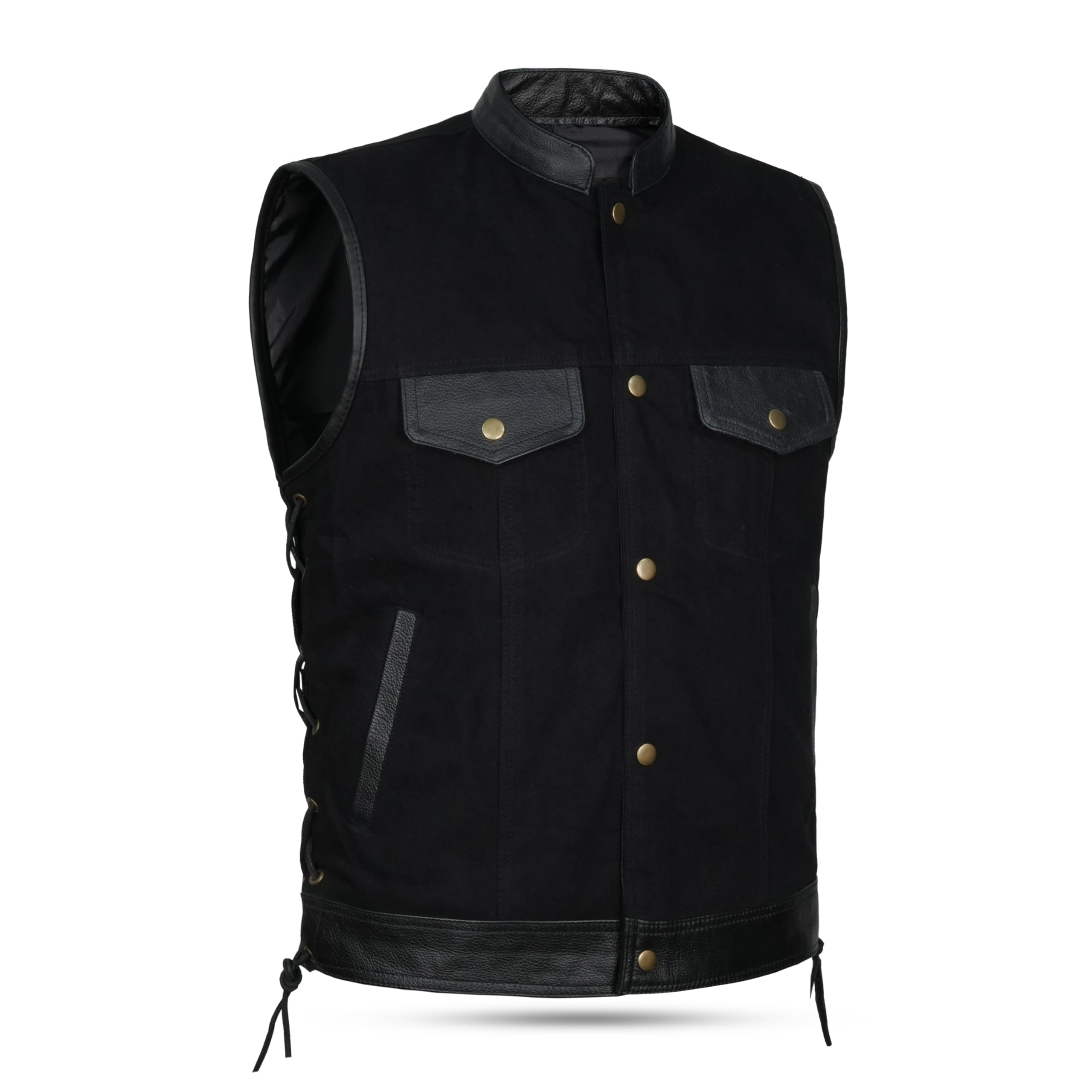 Men SOA Biker side lace leather trim denim waistcoat vest UK Stock free shipment, black, Medium