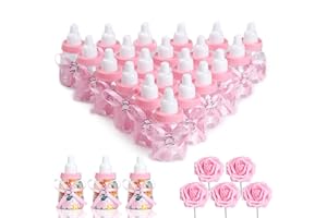 MACTING 2 Dozens 3.5 Inch Feeding Bottle Candy Box with 5 Pcs Artificial Flower Rose for Baby Shower Favor Gift Decoration (Pink)