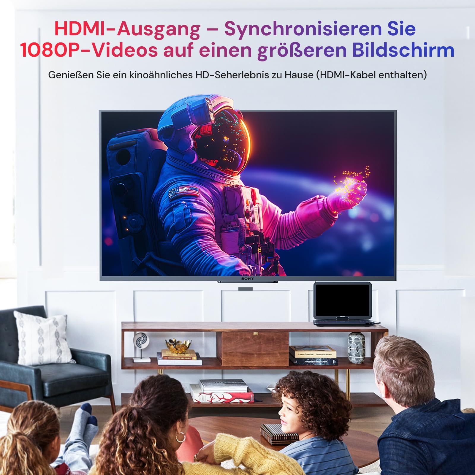 GOnavidio 15,4 Zoll Tragbarer Blu Ray DVD Player Mit HDMI Kabel, 270 ° drehbar HD 1920x1080, Blue Ray Player Tragbar Inklusive wiederaufladbarem 5 Stunden Akku USB/SD 3