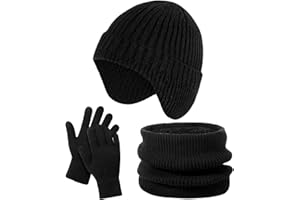 LOIYADN Kids Hat and Gloves Set - Winter Scarf Beanie Hat Kids Gloves Touchscreen, 3 Pcs Neck Warmer Scarf Black Stain-Resistant Set