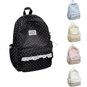 Trnzaso Coquette Aesthetic Cute Lace Polka Dot Large Laptop Daypack Kawaii | Back to School Backpack, Lightweight Nylon, Zipp