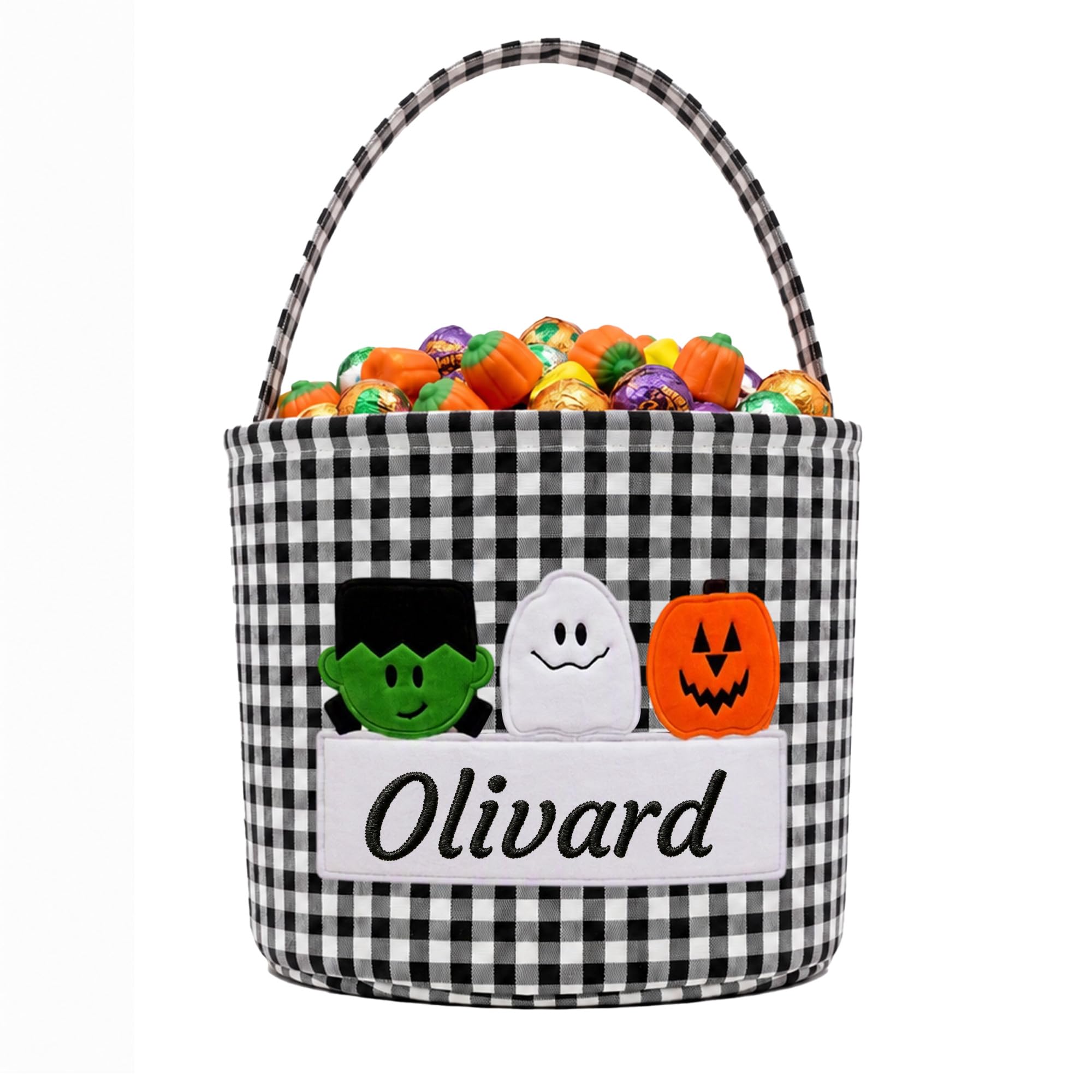 Personalized Halloween Basket Gingham with Embroidery Name | Custom Trick or Treat Bag Personalized Halloween Candy Bucket fo