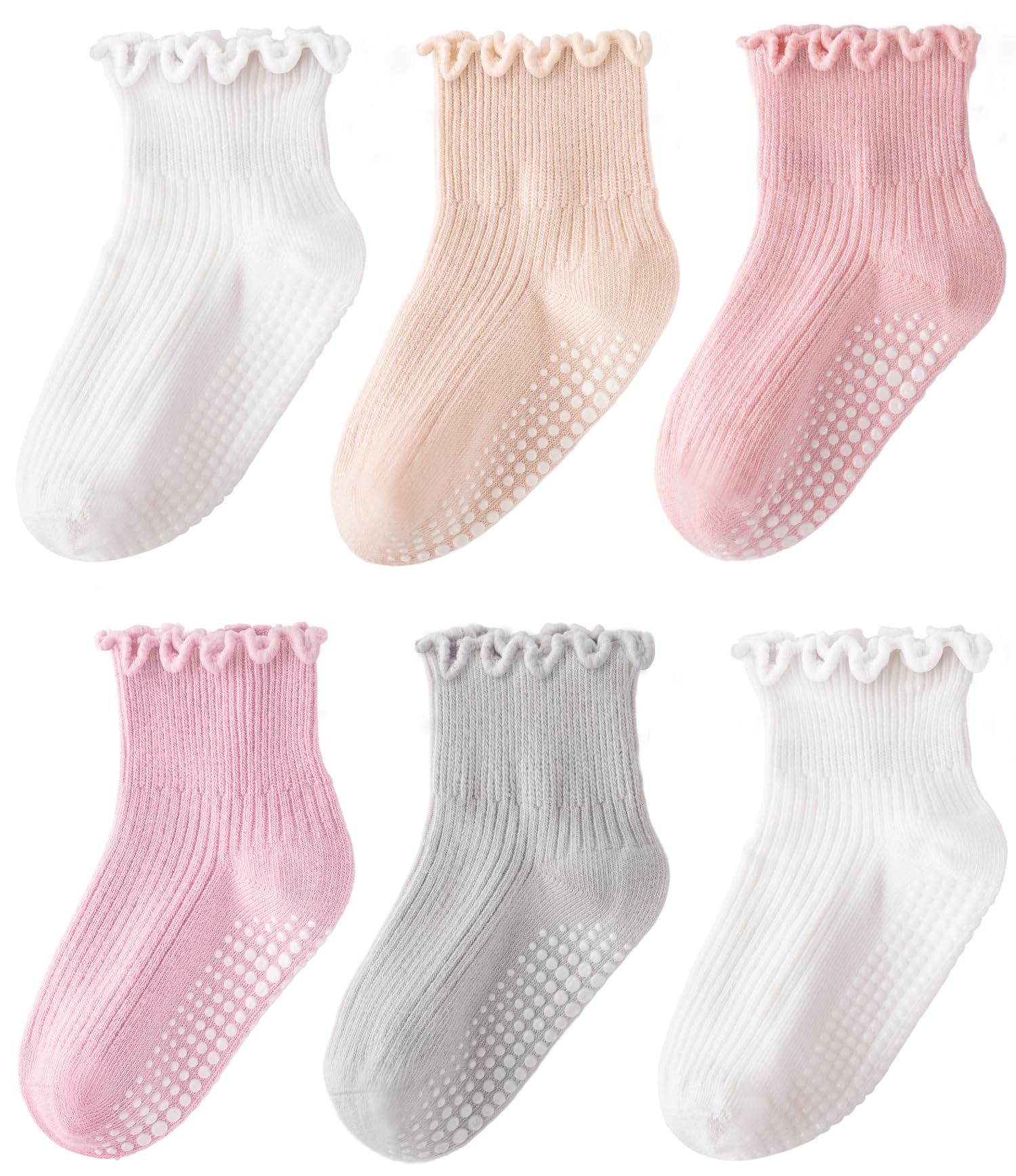 Photo 1 of HONGTEYA 6 Pairs Toddler Ruffle Socks for Girls Non Slip Baby Socks with Grips for 1-2 Years 3-4 Years 5-6 Years Girls Boys