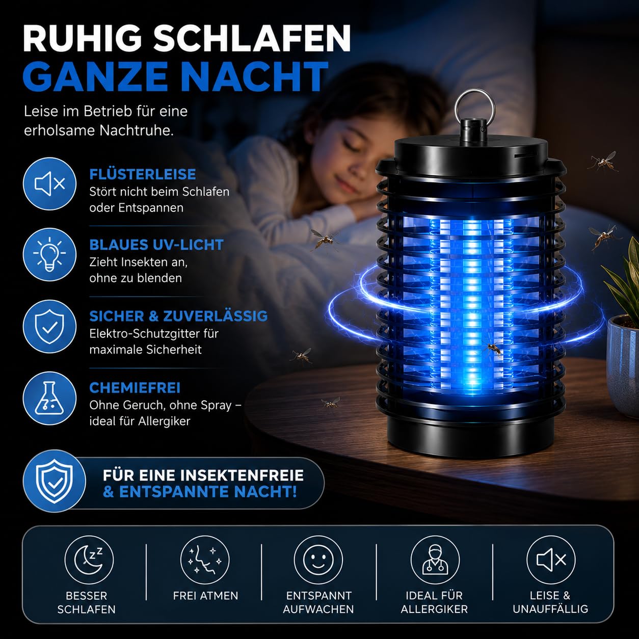 Elektrischer Insektenvernichter mit UV-Lampe – effektive Mückenlampe zur Abwehr von Moskitos, Fliegen und weiteren Insekten – zuverlässige Mückenfalle Fliegenfalle/Mückenabwehr (Rund) 6