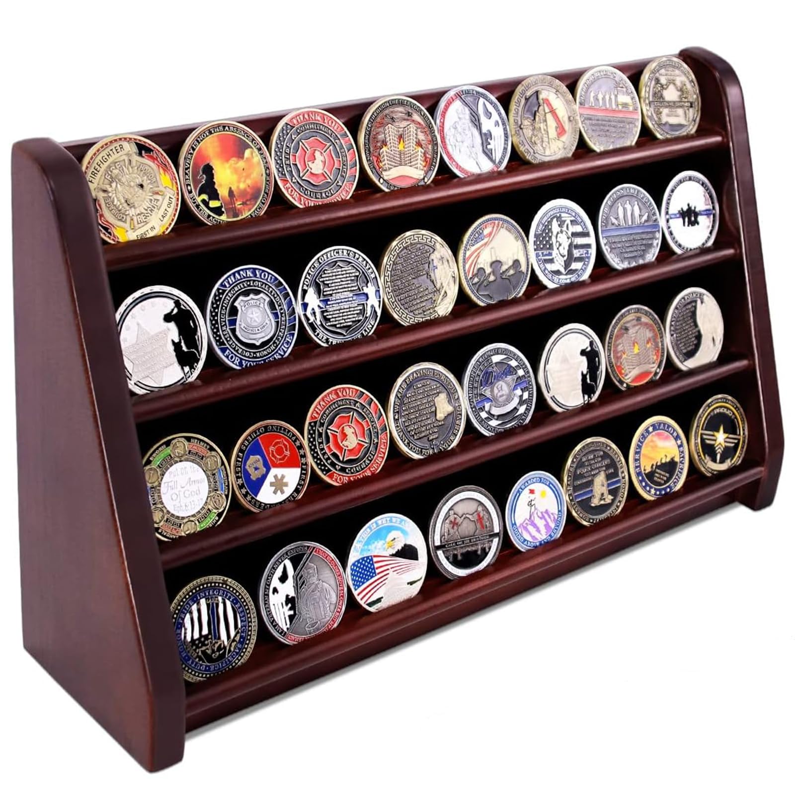 Photo 1 of ASmileIndeep 4 Rows Military Wooden Challenge Coin Display Case - Wall Mountable Army Holder Stand Rack, Holds 32 Coins, Mahogany