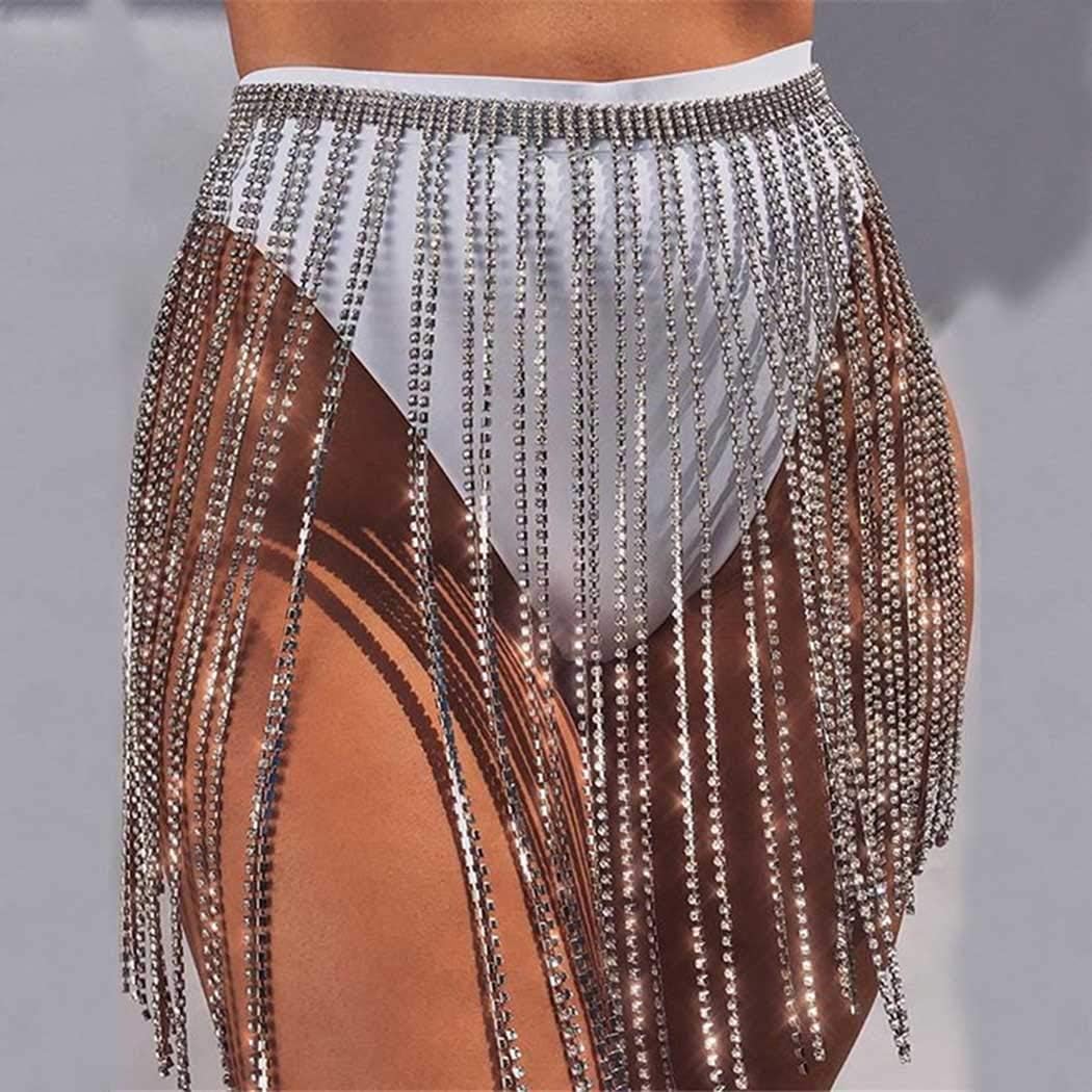 Sethain Boho Waist Chain Silver Tassel Rhinestone Chains Belly Crystal Chain Bikini Body Accessories Jewelry for Women and Girls