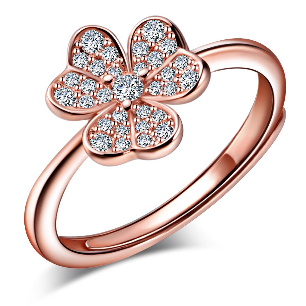 Yumilok Jewelry 925 Sterling Silver Cubic Zirconia Unique Clover Flower Polished Adjustable Ring for Women/Girls, Rose Gold Plated
