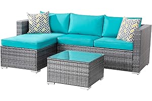 Shintenchi Patio Furniture Sets 3 Pieces Outdoor Sectional Sofa Silver All-Weather Rattan Wicker Sofa Small Patio Conversation Couch with Washable Cushion and Glass Table (Sky Blue)