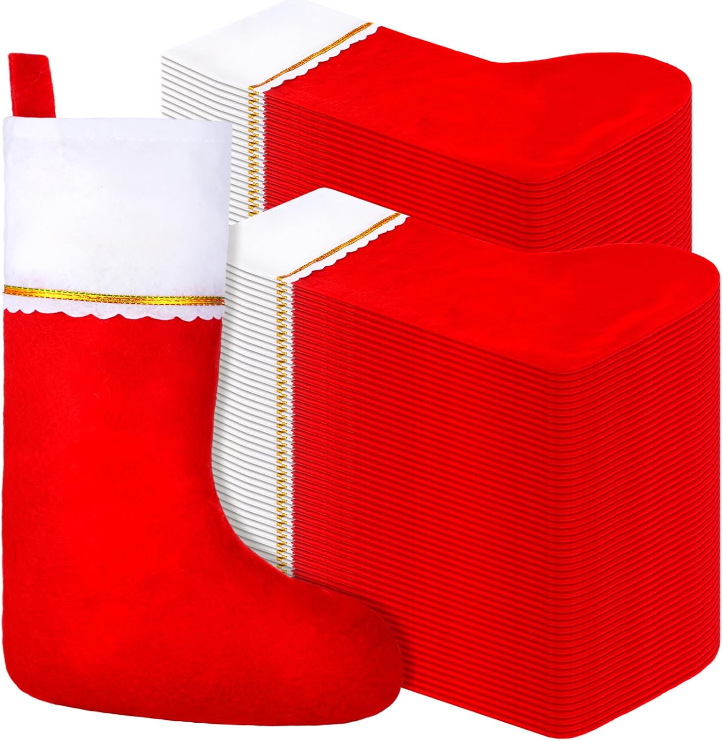 Stockings & Holders - HooLing 200 Pcs Red Felt Christmas Stockings Rustic Christmas Fireplace Hanging Stocking Xmas Decoration Santa Stockings with Golden Trim for Christmas Holidays Party Favors, 14.17 Inch