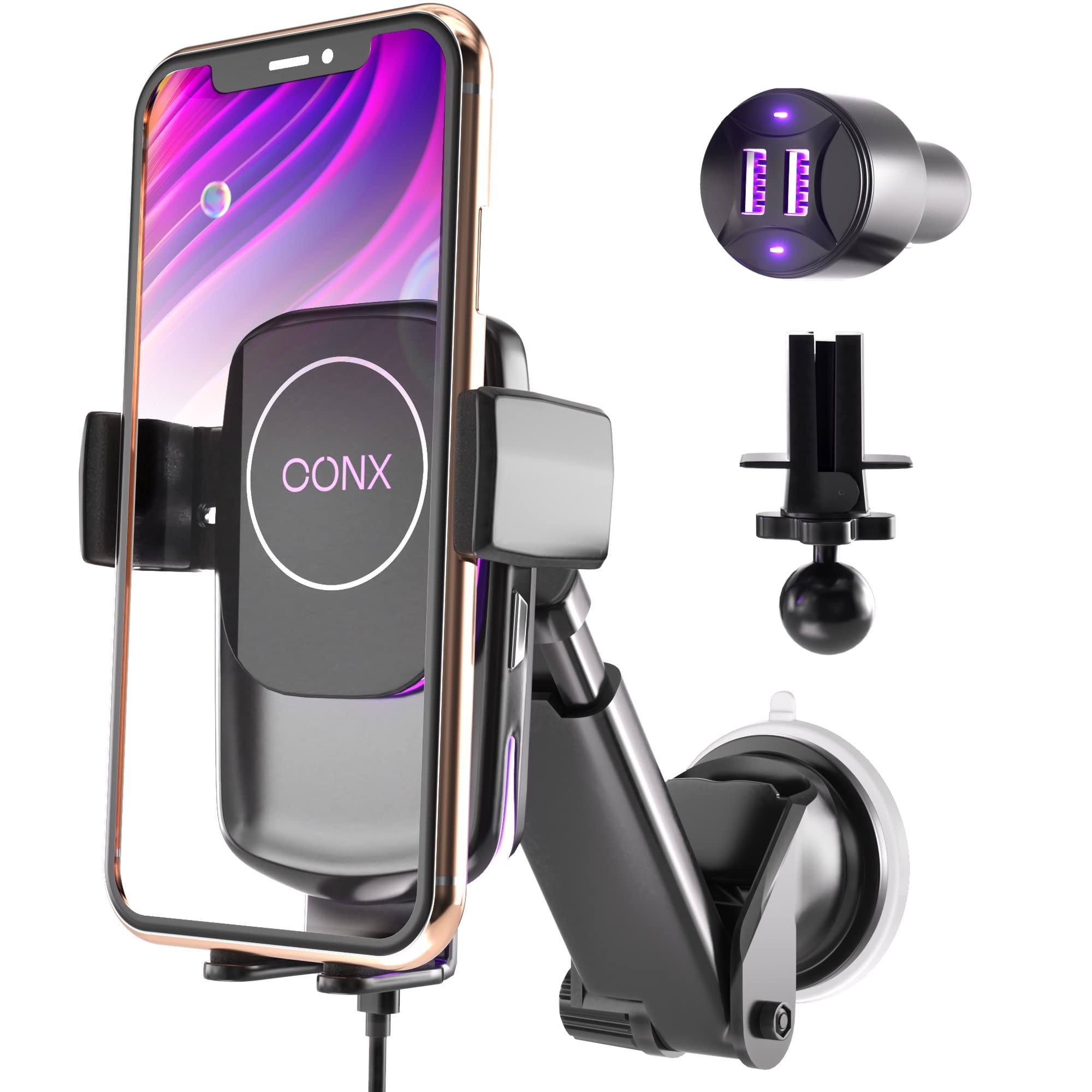Wireless Car Charger - Dashboard & Air Vent Mount - Auto-clamping Phone Holder, 4x Fast Charging - 5W to 15W