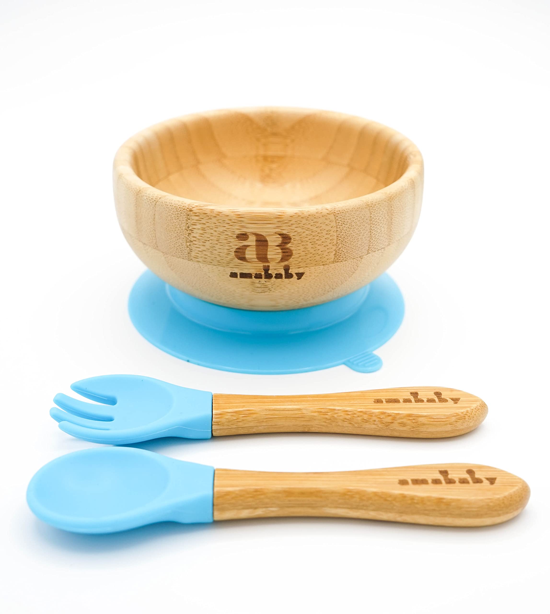 Amonev Bamboo Baby Bowls with Suction Spoon and Fork Set. Bowls Secure in Place Making Mealtime a Joy Natural Bamboo BPA Free Bowl is Also Easy to Clean (Blue)