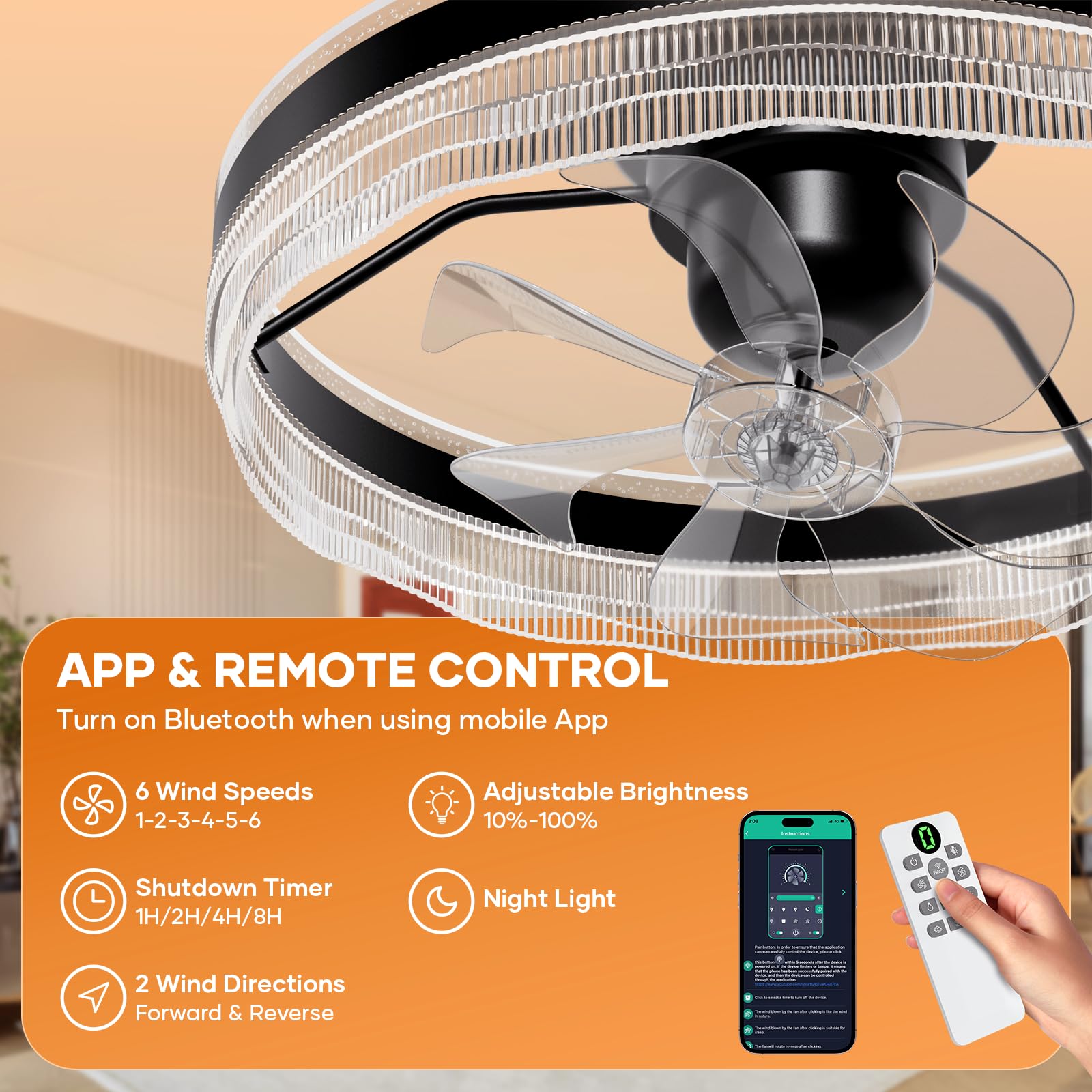 kejector Low Profile Ceiling Fan with Light,20 Inch Fandelier Ceiling Fans with Lights and Remote App Control,360°Oscillation Bladeless Flush Mount LED Fan Light for Bedroom Living Dining Room
