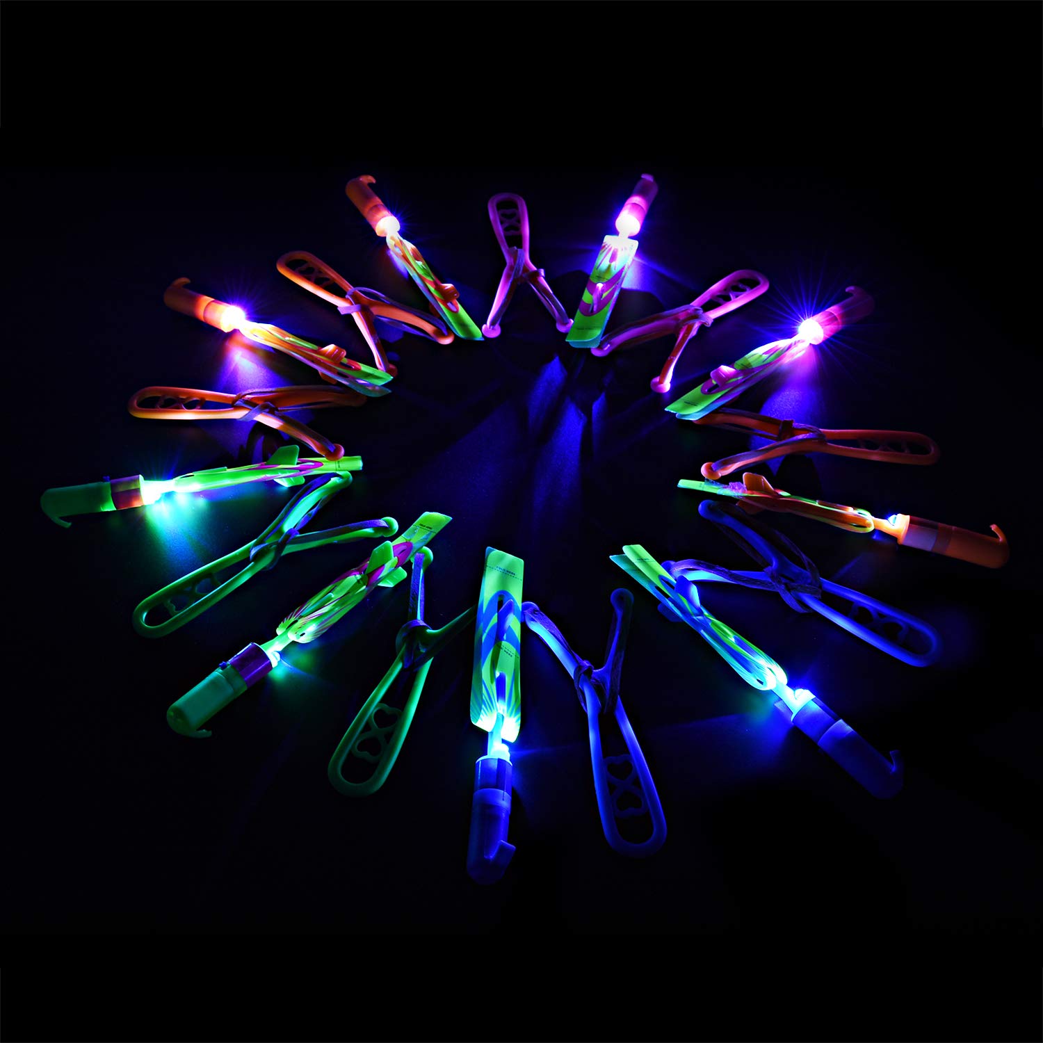 Rocket Slingshot Flying Toys with LED Lights - 12 Pcs Kids Outdoor Game with 12 Launchers + 12 Arrow Helicopters, Glow in The Dark Party Supplies