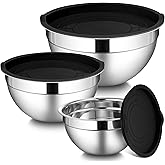 LIANYU Mixing Bowls with Lids Set of 3, Large & Small Stainless Steel Nesting Metal Bowls for Kitchen Storage, Dishwasher Safe, Size 1.5QT & 3QT & 4.6QT, Black