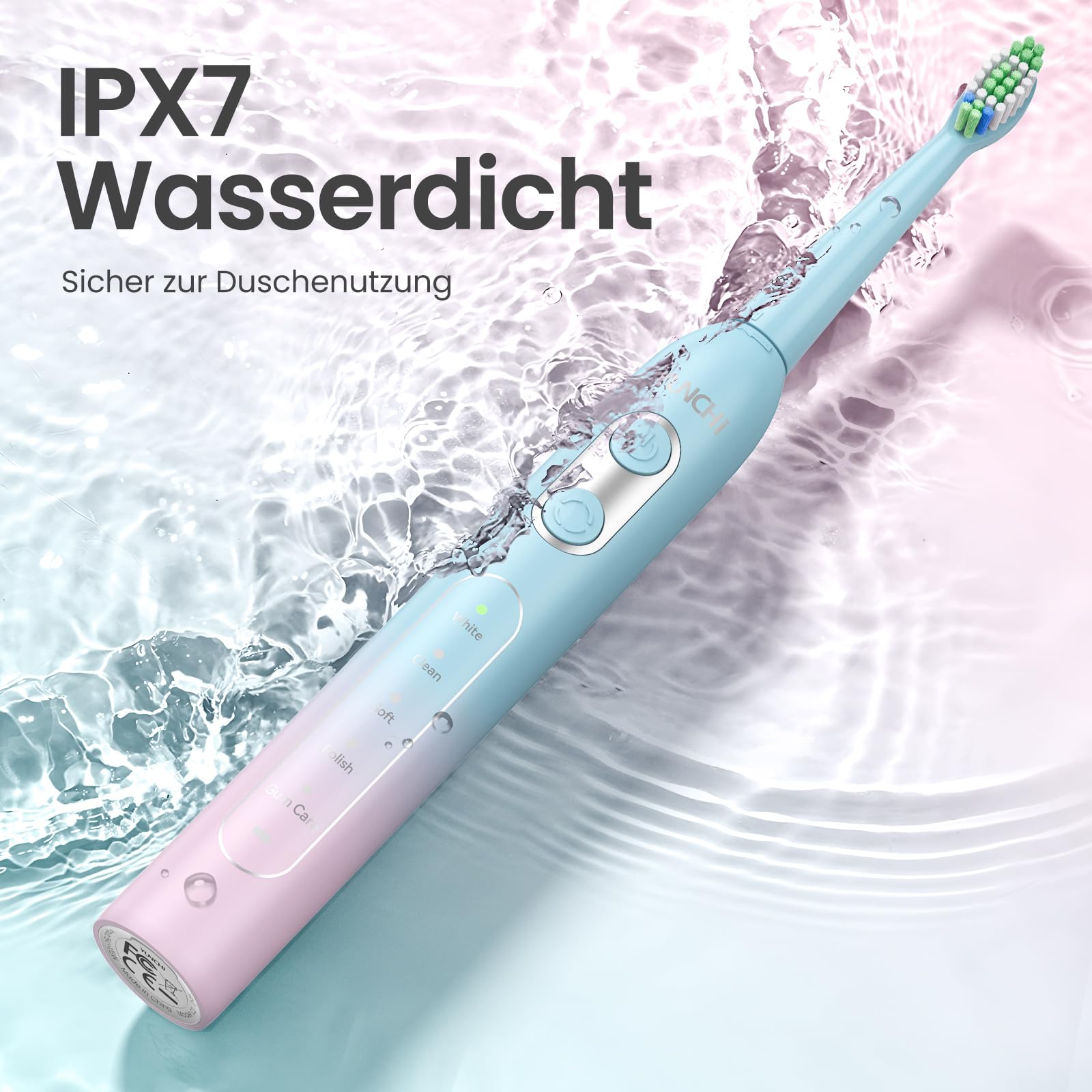 YUNCHI C2 Elektrische Zahnbürste mit 40000 VPM, Schallzahnbürste für Erwachsene, USB-C Ladung, 55 Tage Akkulaufzeit, 5 Putzmodi, 2-Min-Timer, 8 Bürstenköpfen, Reiseetui, Rosa und Hellblau Verlauf 5