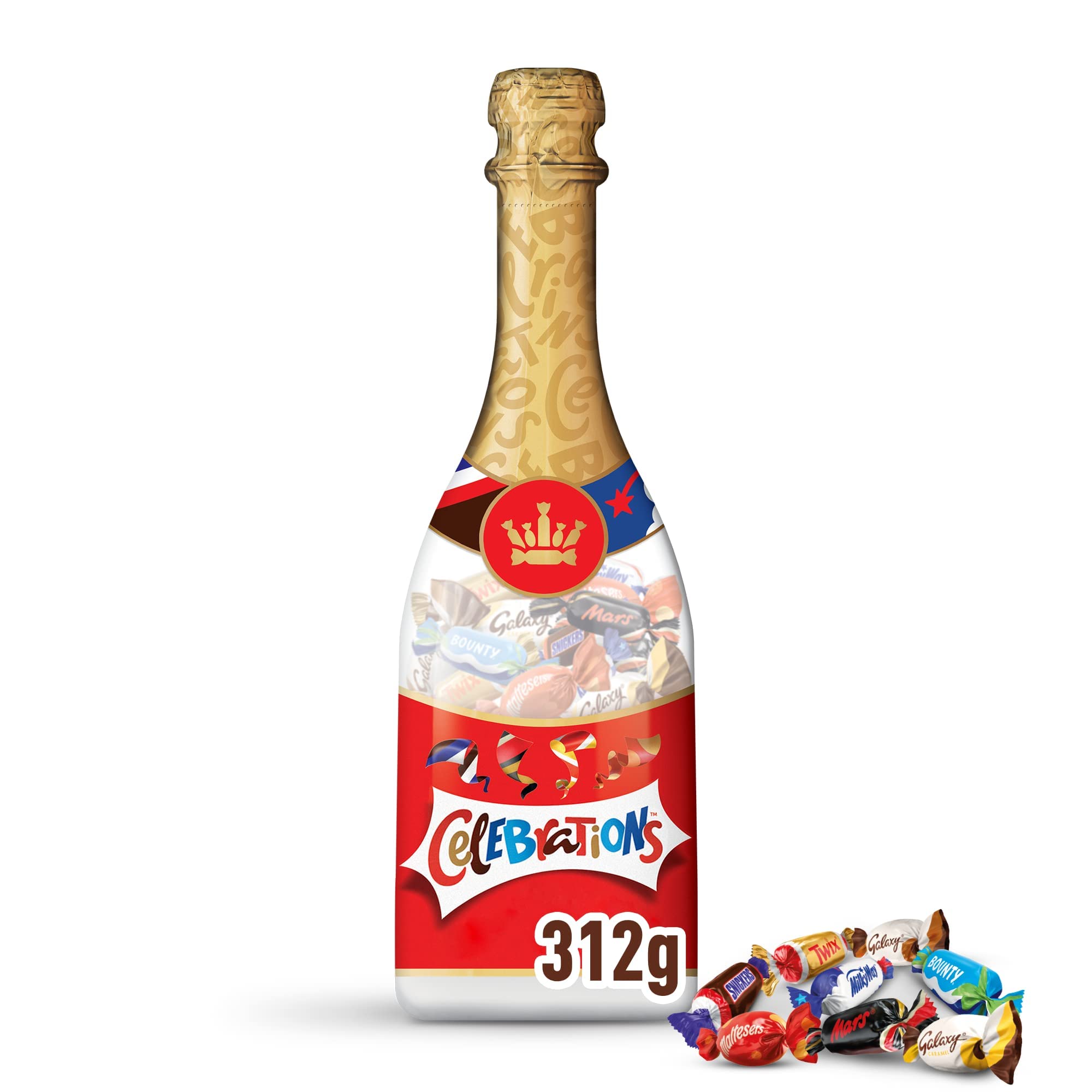 Celebrations Geschenkflasche Champagnerflasche, Mini-Schokoriegel Mix Snickers, Twix und mehr, Geschenk Schokolade, 1 x 312g Flasche
